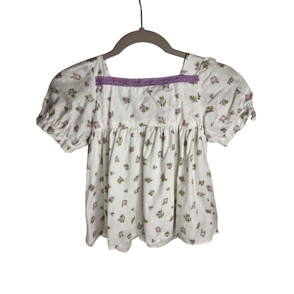 Shabby Chic Blouse Girls 7/8 White Purple Floral Swiss Dot Babydoll Top Cottage